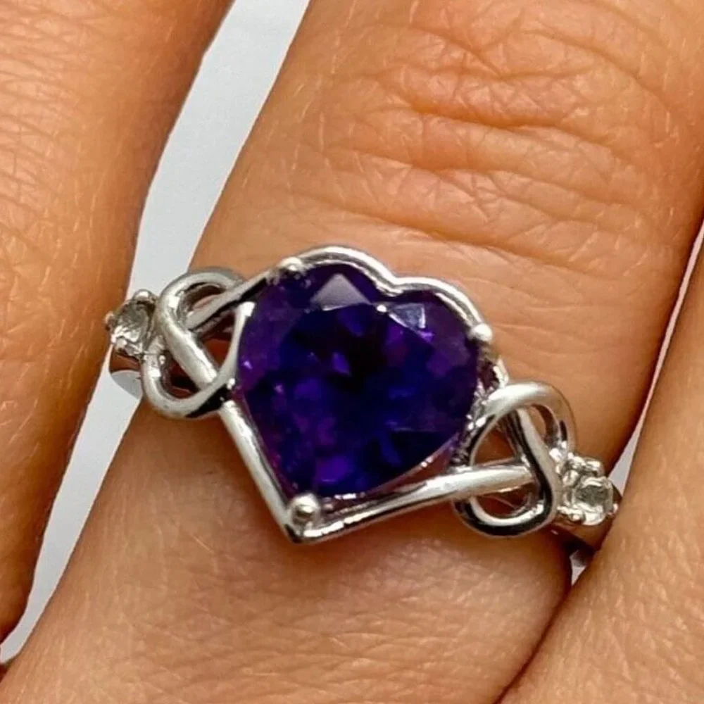 925 STERLING SILVER AMETHYST & GOSHENITE HEART RING SIZE 6